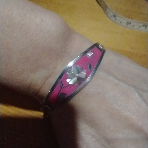 Vintage Alpaca Mexico Bangle Bracelet Flower Pink Enamel Mother Of… - Picture 12 of 16